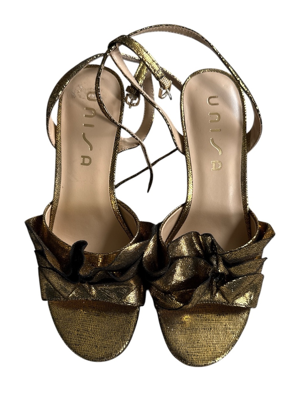 Unisa Metallic Gold Ruffle Ankle-Strap Sandals